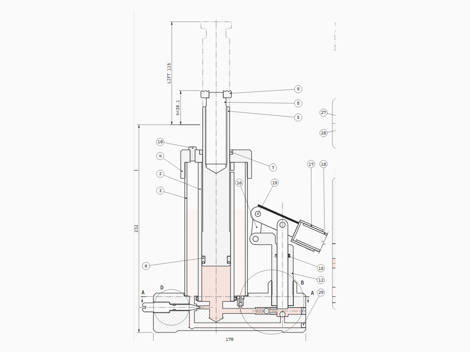 2-tonne hydraulic bottle jack in axial section