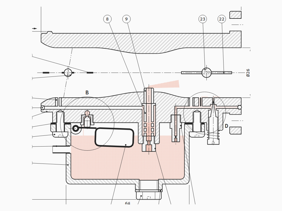 Fixed-jet float-bowl carburettor, 26 mm bore, in axial section