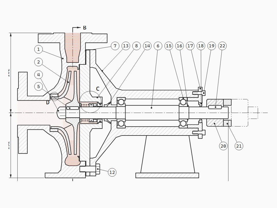 ISO 2858 end-suction water pump 50-32-160 with its discharge globe valve, cut through the shaft and through the volute