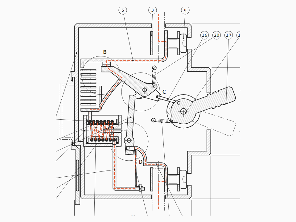 B16 miniature circuit breaker (EN 60898-1) cut on its centre plane