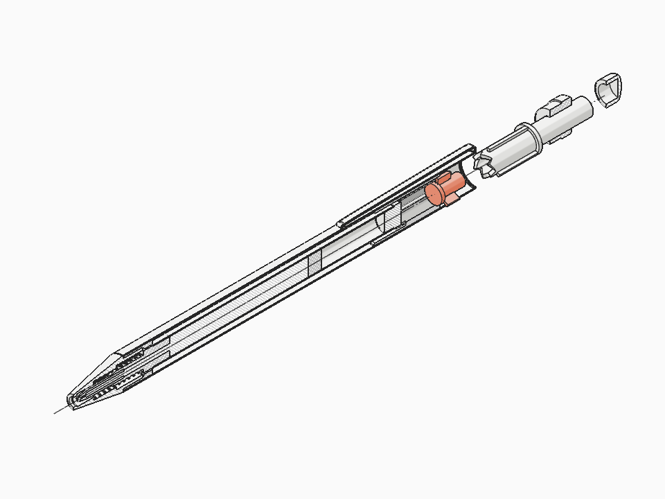 Retractable ballpoint pen in longitudinal section in 3D