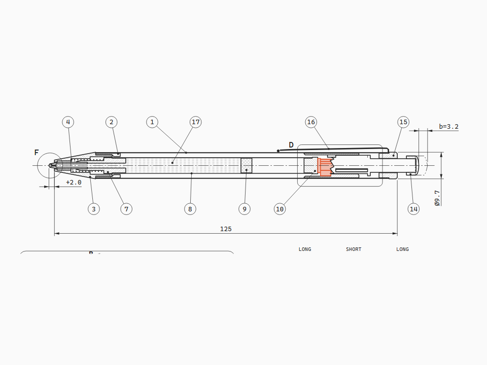 Retractable ballpoint pen in longitudinal section