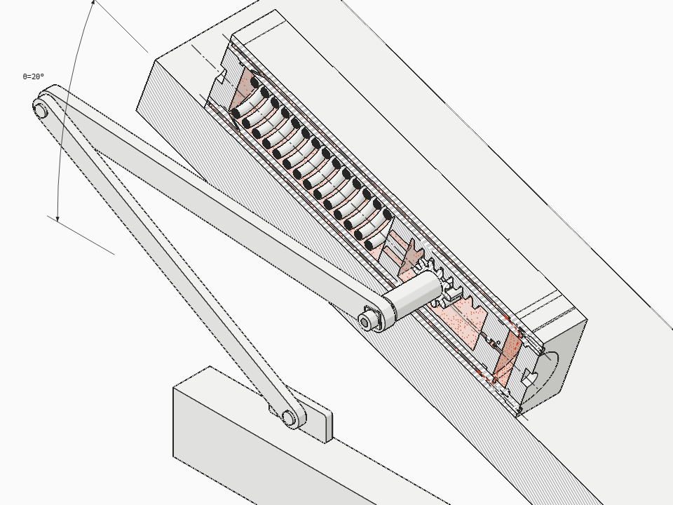 Overhead hydraulic door closer, rack and pinion, EN 1154 size 3, in plan section in 3D