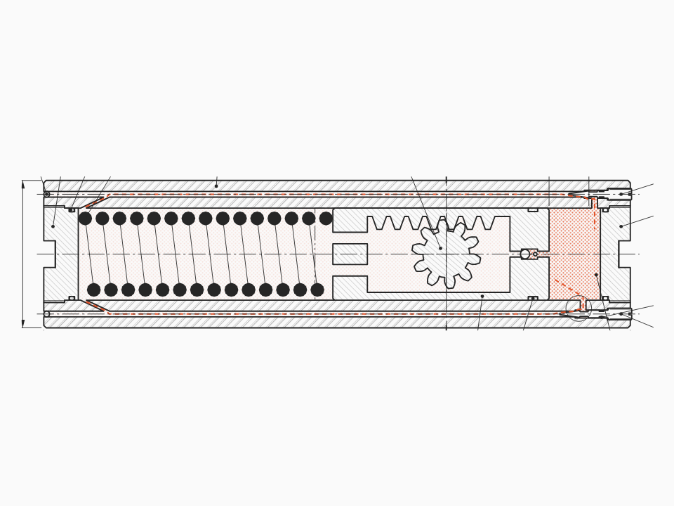 Overhead hydraulic door closer, rack and pinion, EN 1154 size 3, in plan section