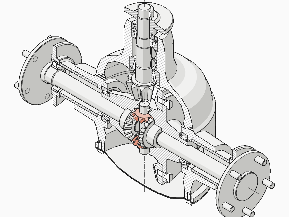 Rear-axle open bevel-gear differential in plan section, with the car in a turn in 3D
