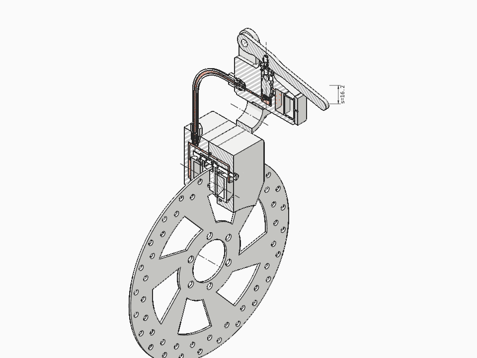 Bicycle hydraulic disc brake: lever master cylinder and two-piston post-mount caliper in section in 3D