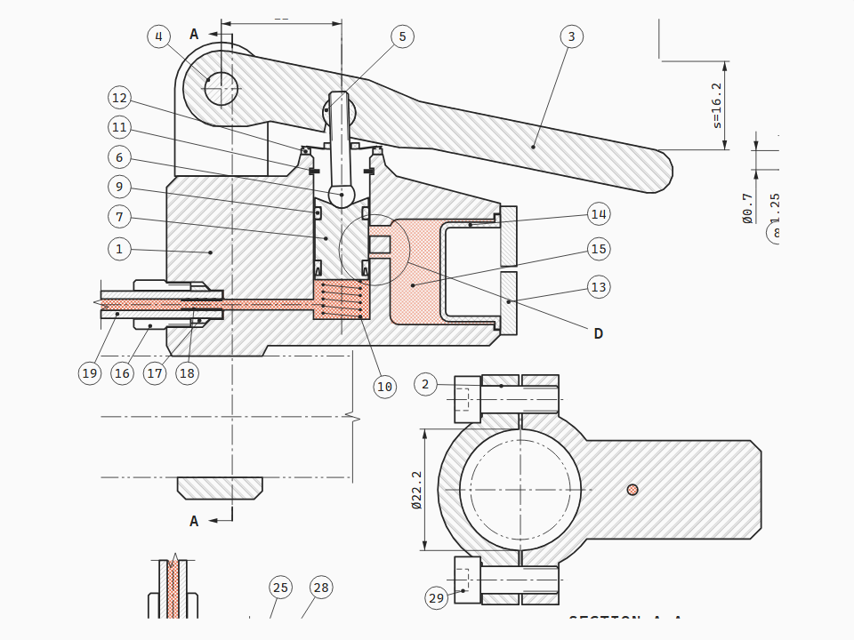 Bicycle hydraulic disc brake: lever master cylinder and two-piston post-mount caliper in section