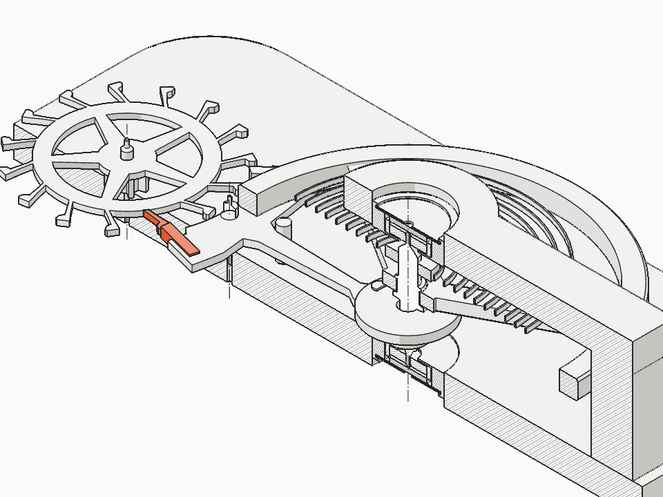 Swiss lever watch escapement in plan, with a section through the balance staff and its jewel bearings in 3D