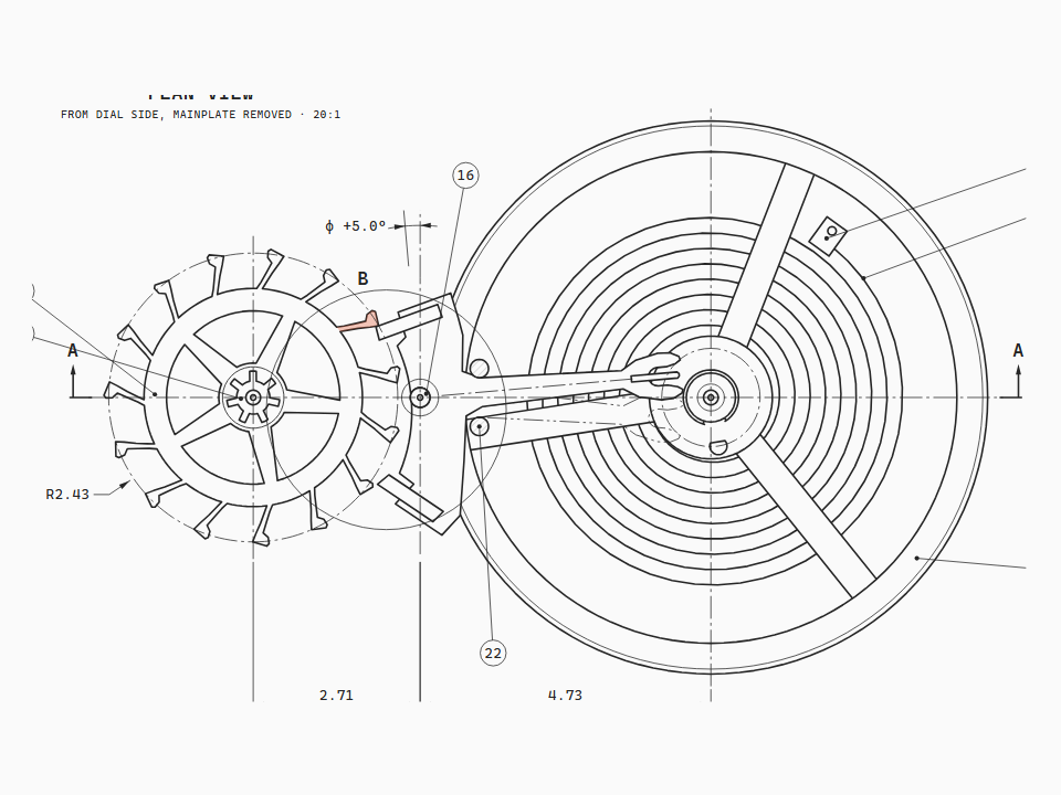 Swiss lever watch escapement in plan, with a section through the balance staff and its jewel bearings