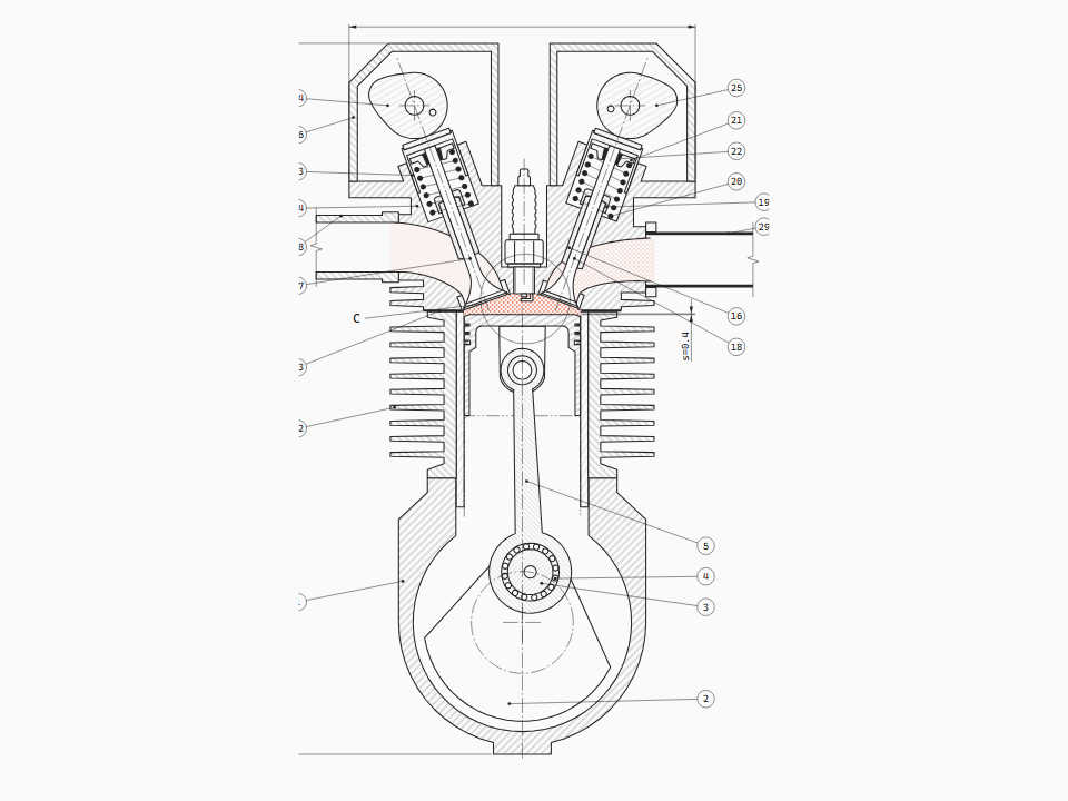 125 cc air-cooled DOHC single in section through the cylinder and valve axes