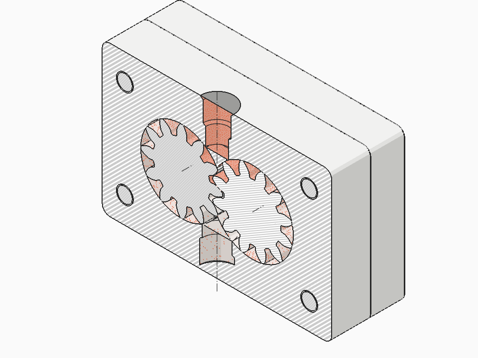 Group 2 external gear pump, 8 cm³/rev, cut across and along its shafts in 3D