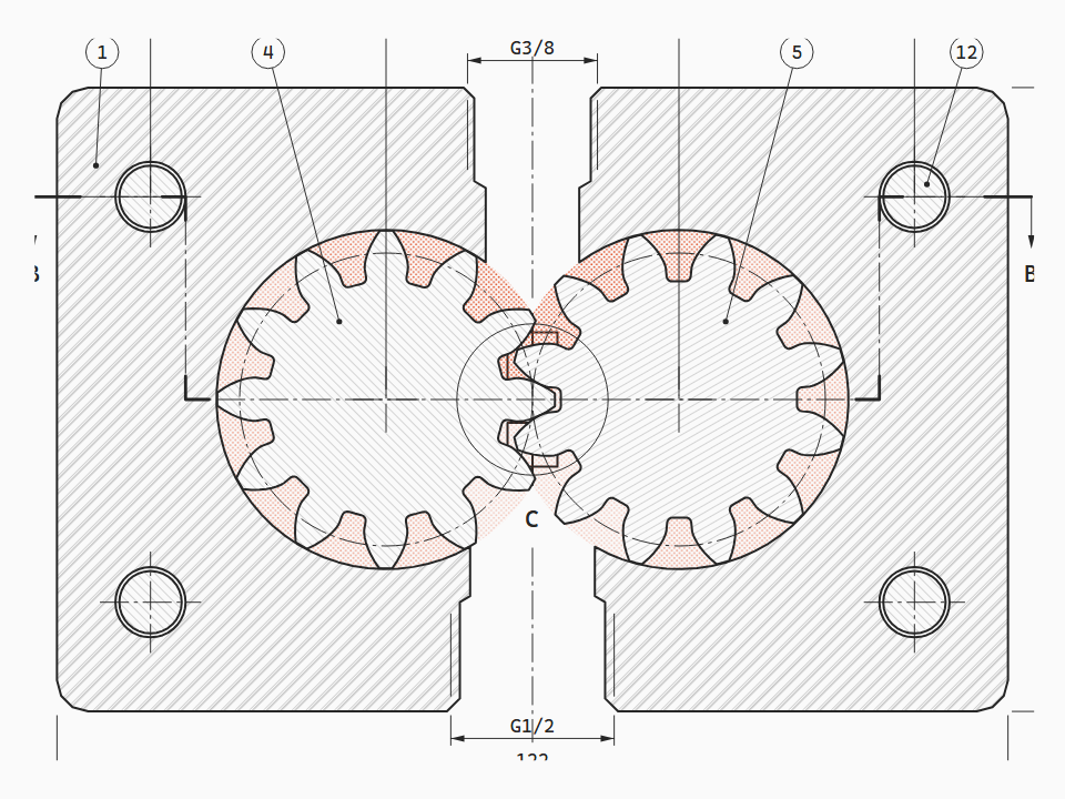 Group 2 external gear pump, 8 cm³/rev, cut across and along its shafts