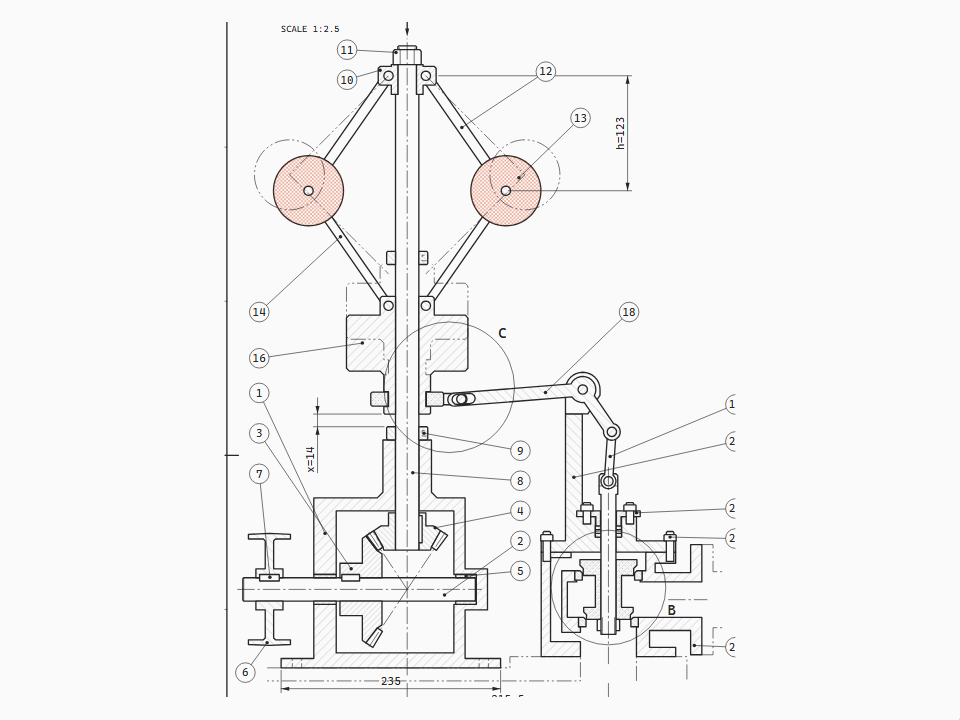 Porter flyball governor with bevel drive, bell crank and double-beat steam throttle valve, in axial section