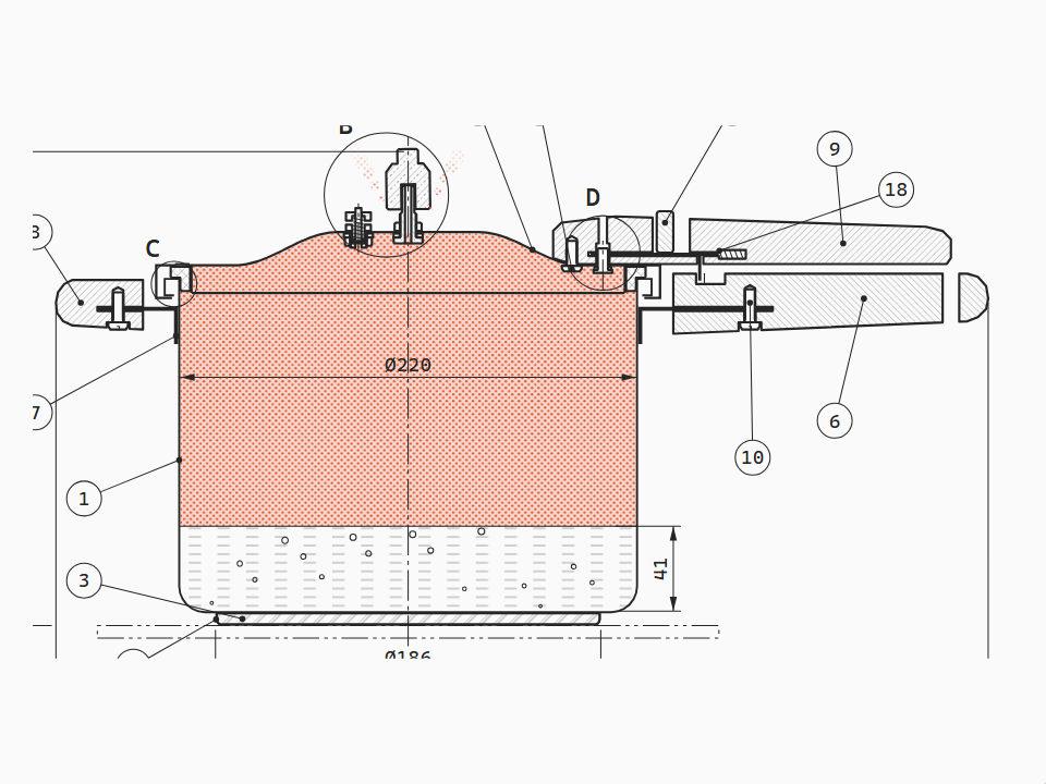 6 L stovetop pressure cooker (EN 12778) in axial section