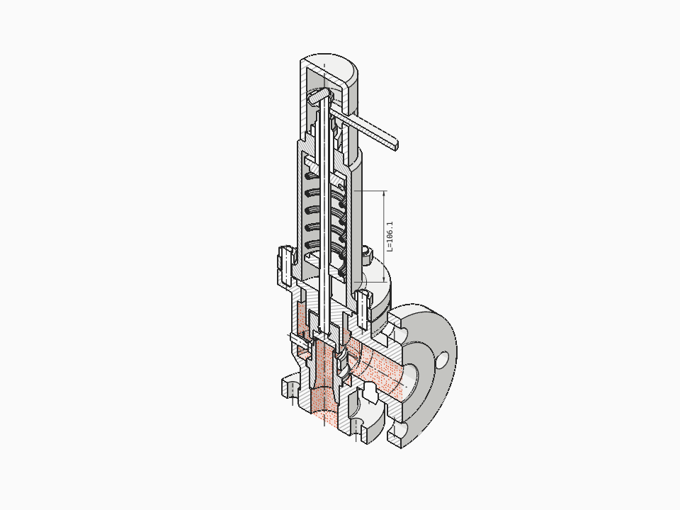 DN25 spring-loaded safety relief valve in axial section in 3D