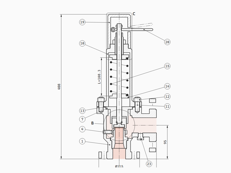 DN25 spring-loaded safety relief valve in axial section