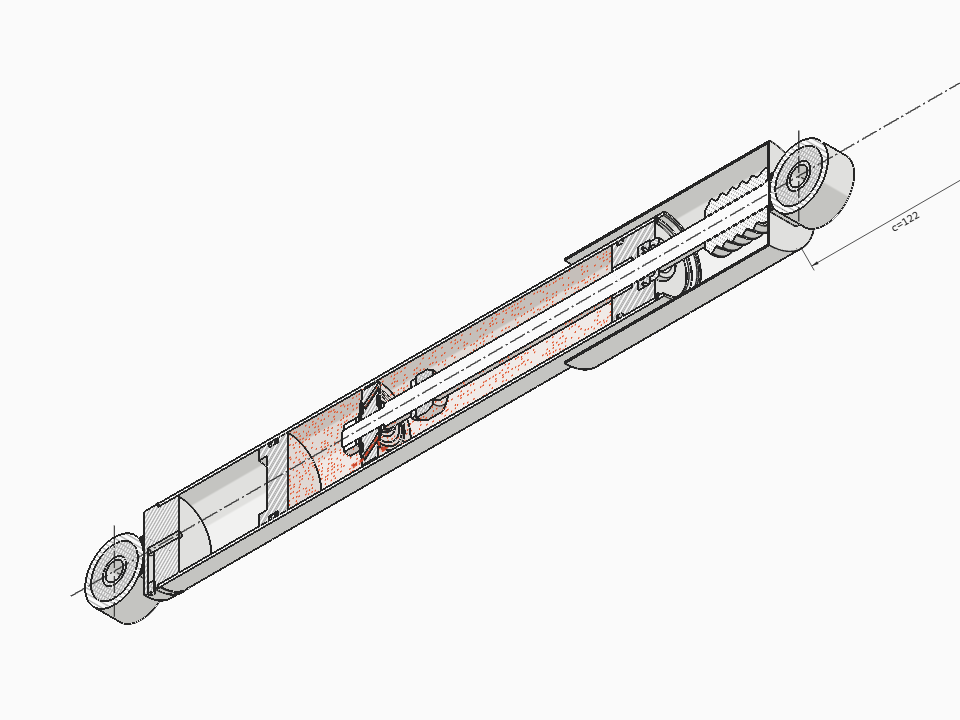Monotube gas-charged automotive damper (de Carbon type) in axial section in 3D