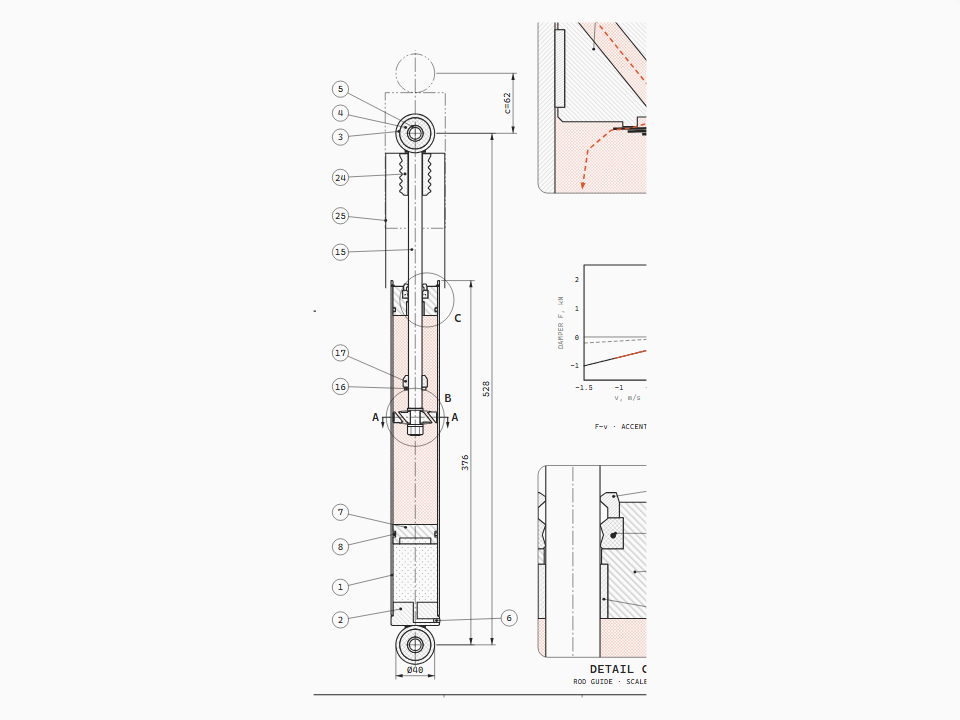 Monotube gas-charged automotive damper (de Carbon type) in axial section