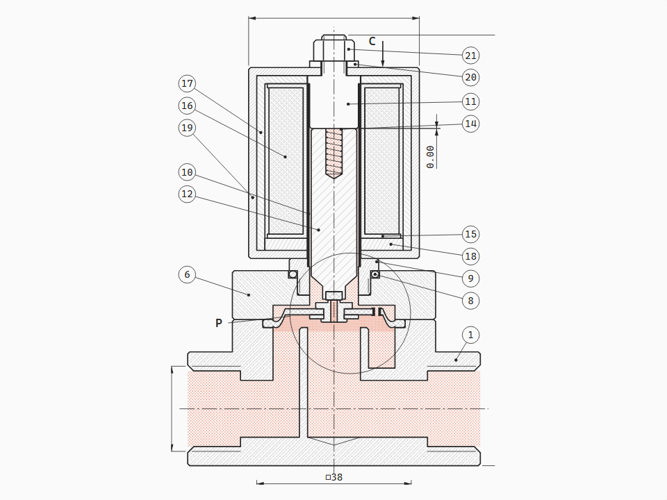 2/2-way normally closed pilot-operated solenoid valve, G1/2, in axial section