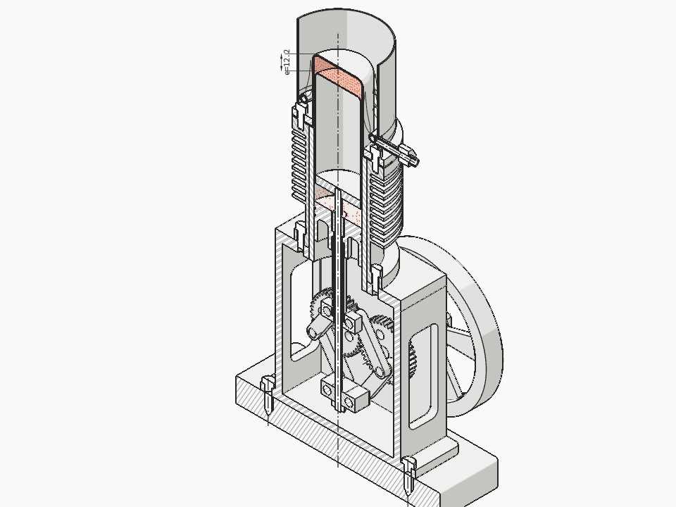 Beta-type Stirling demonstrator with a rhombic drive, in axial section in 3D