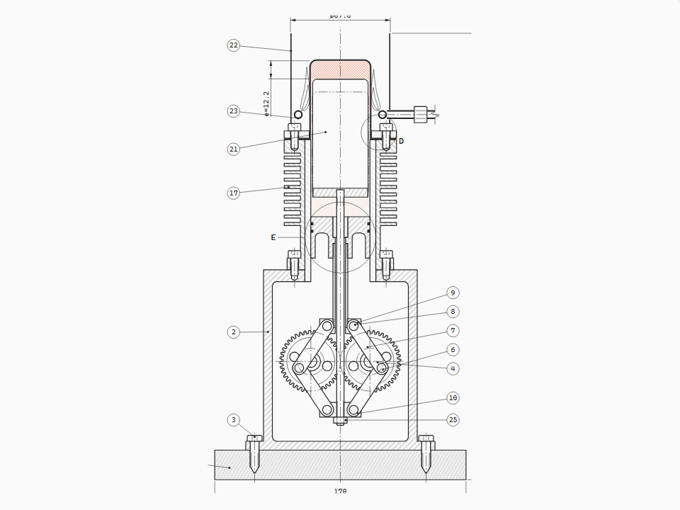 Beta-type Stirling demonstrator with a rhombic drive, in axial section