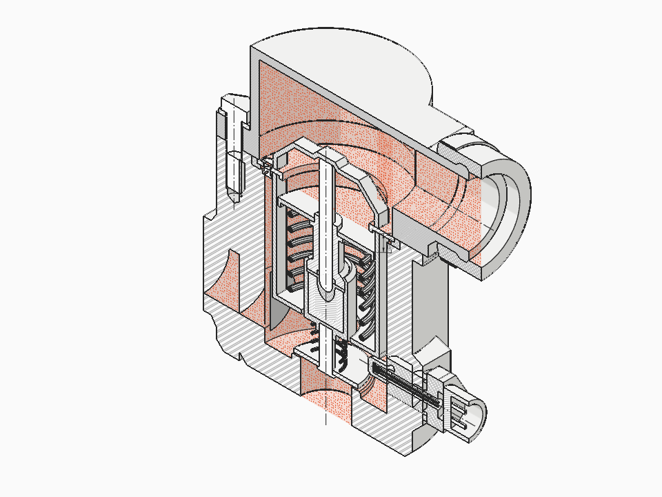 Automotive wax-pellet coolant thermostat (opens at 88 °C) in section, in its housing between engine and radiator in 3D