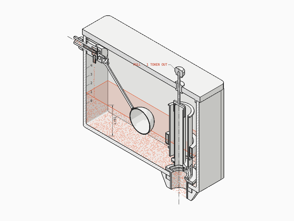 Close-coupled WC cistern with a diaphragm float valve and a pull-knob drop valve, in section in 3D