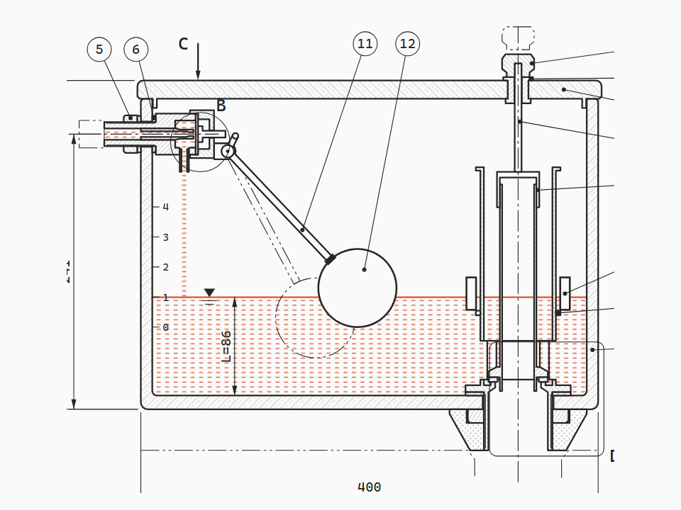 Close-coupled WC cistern with a diaphragm float valve and a pull-knob drop valve, in section
